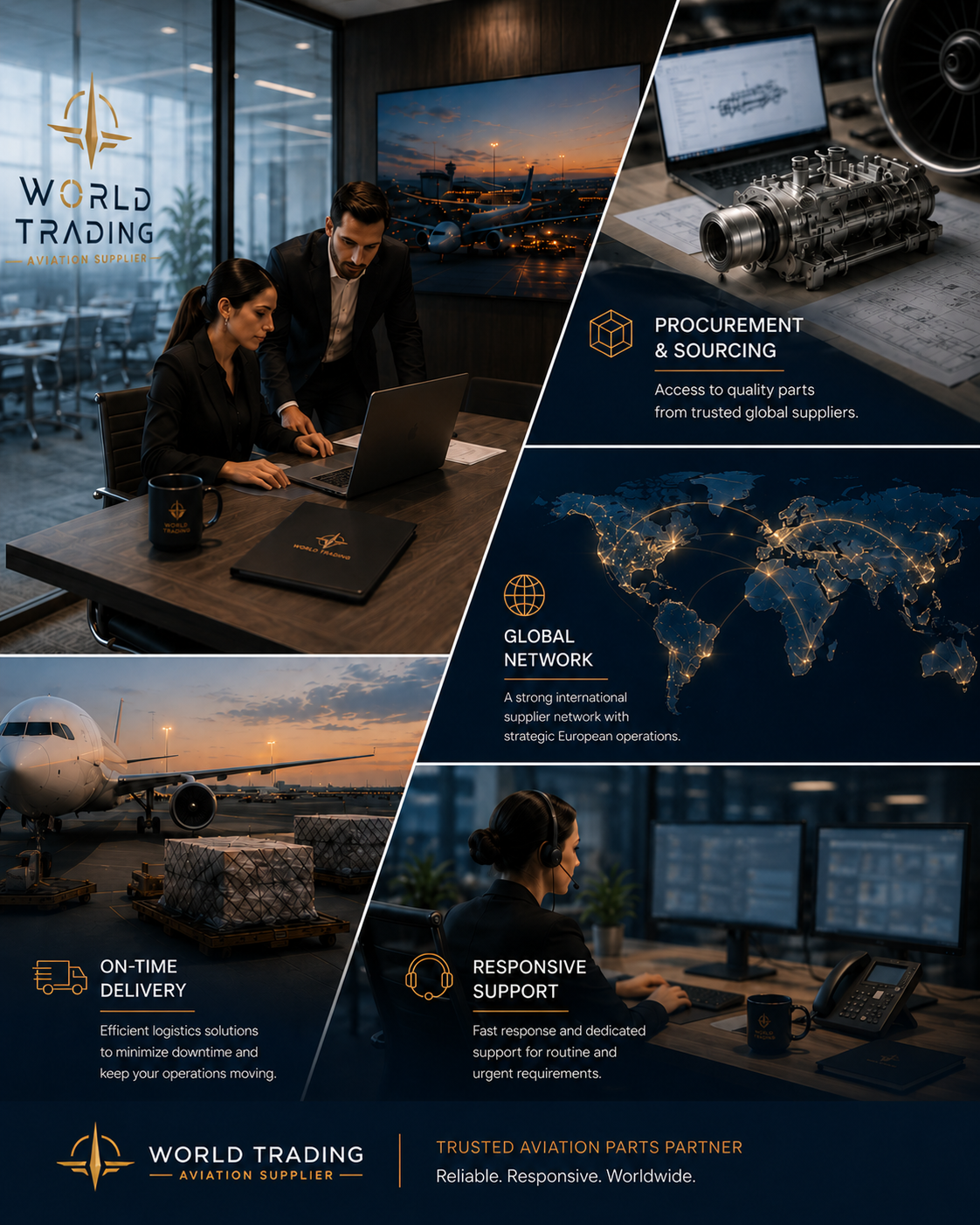 World Trading aviation procurement and global network poster with aircraft parts, logistics, and support visuals